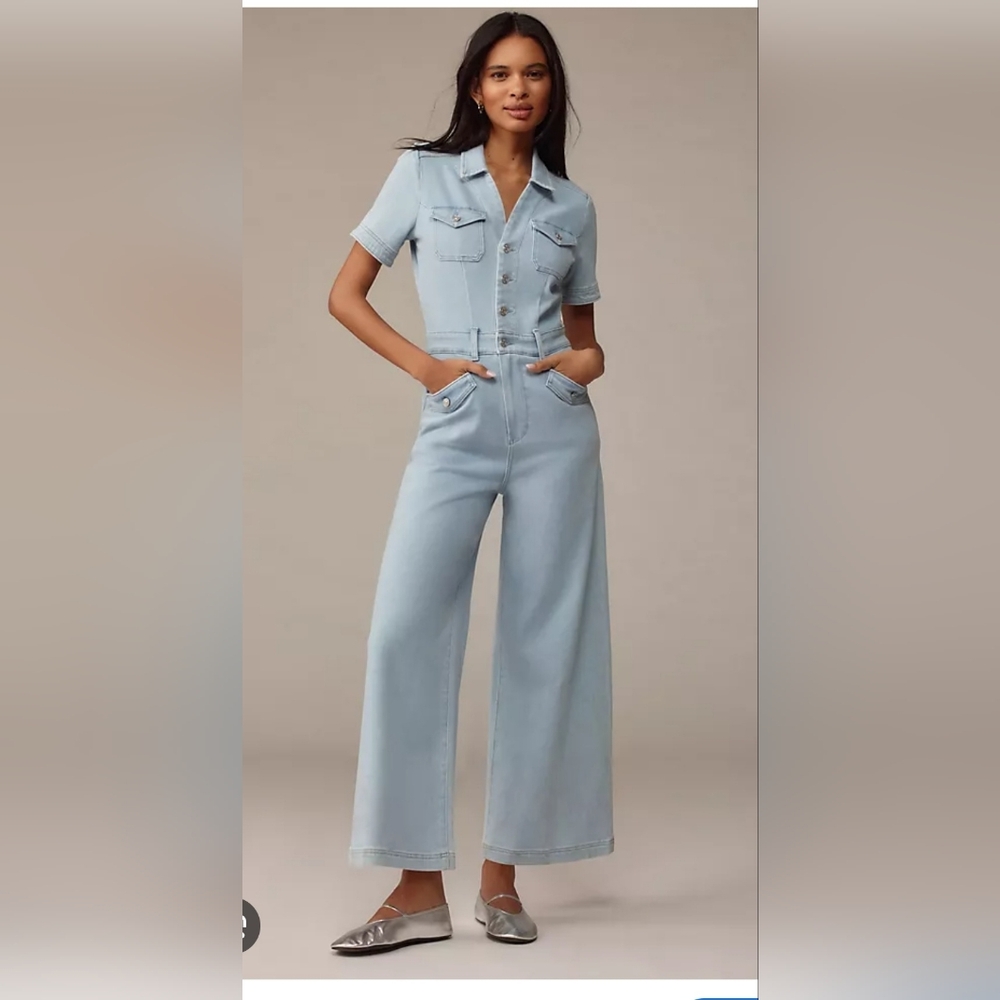 SIZE 2  PAIGE. HARER  ANKLE SHORT SLEEVE  Light Blue Denim Jumpsuit